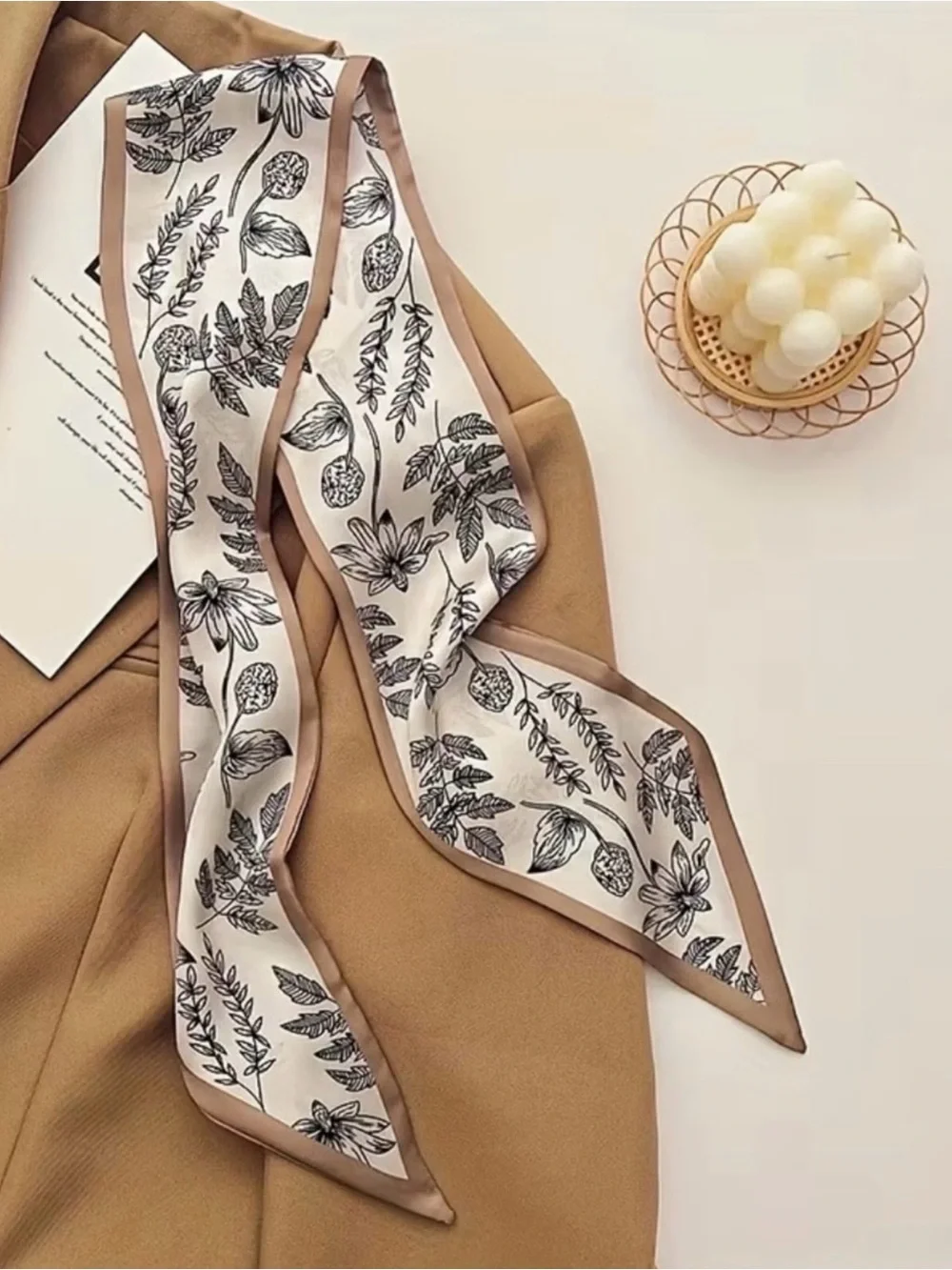 NWT French Style Neutral Beige Floral Stripes Patterned Twilly Scarf Accessories